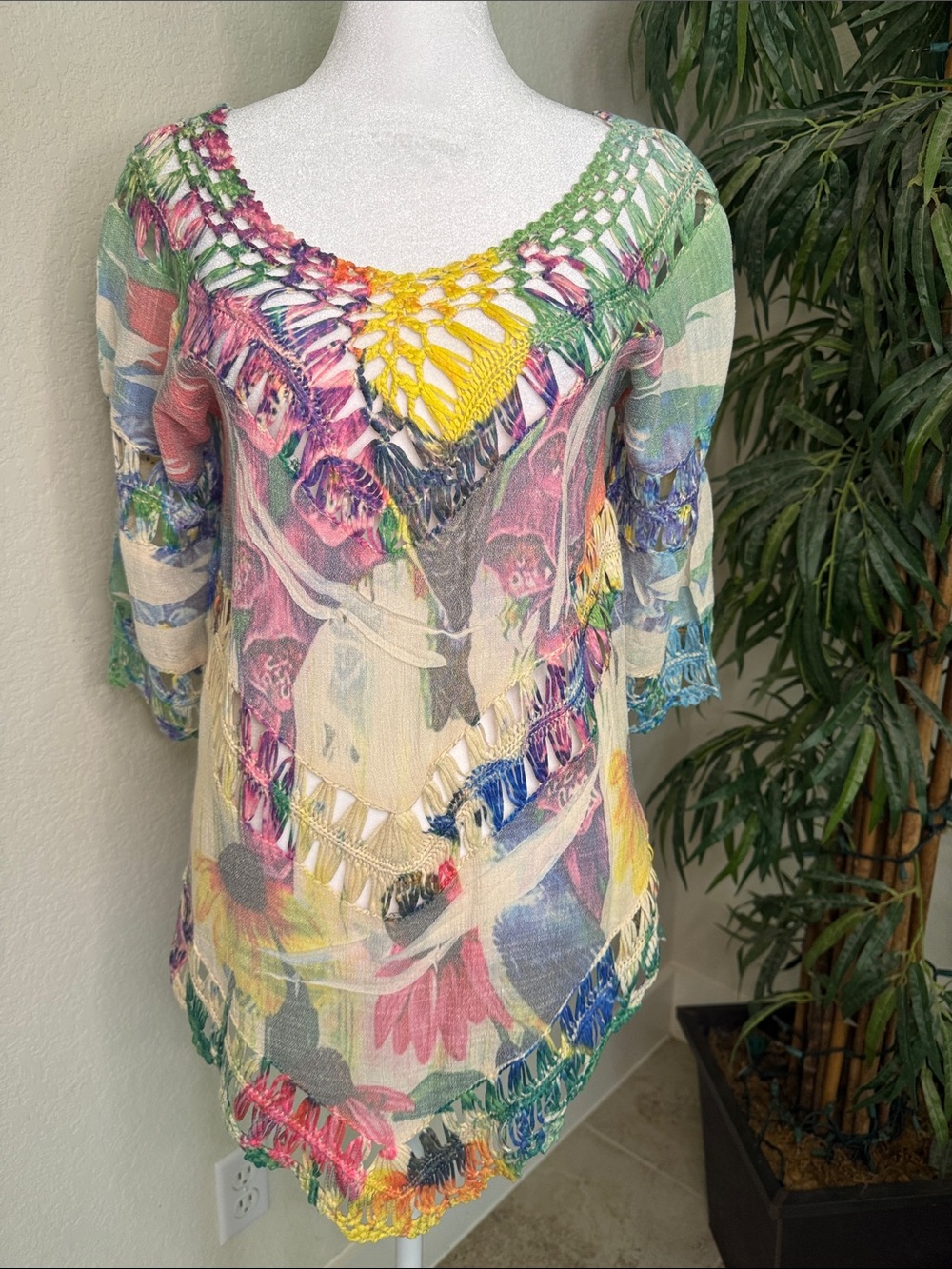Dor Dor Boho Couture Multi-Color Crochet/Macrame Floral Top - Women's Size S - Picture 1 of 16